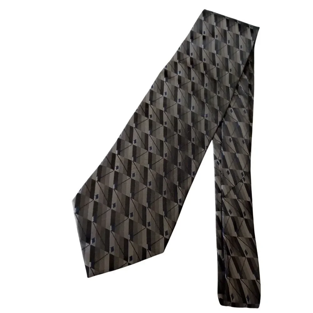 Ivy Crew Classics Mens Silk Tie Grey Black Silver Geometric Diamond Stripe